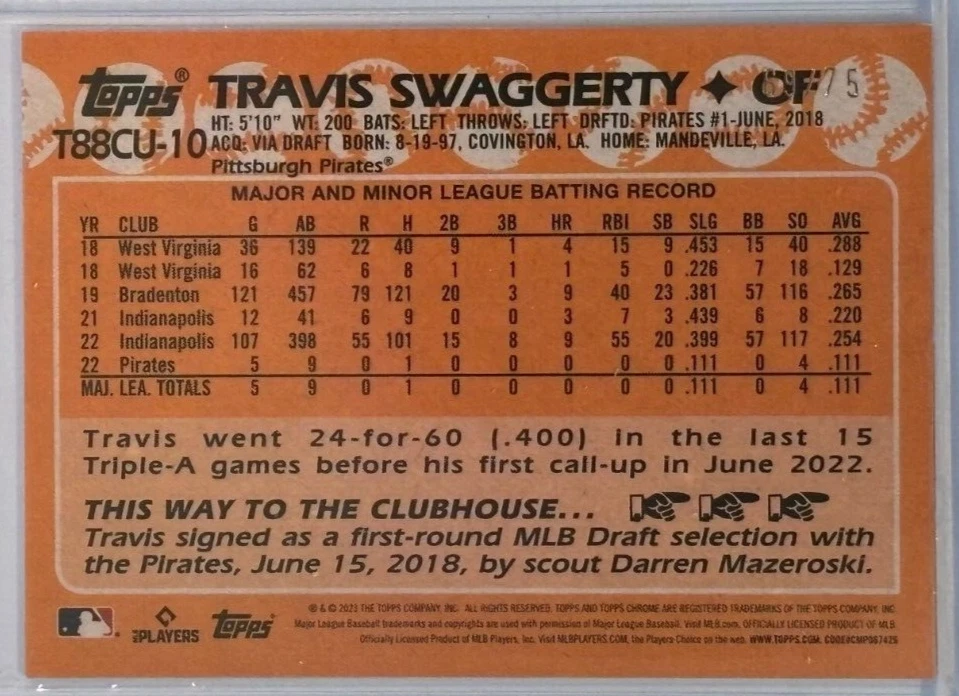2023 Topps Update TRAVIS SWAGGERTY Chrome Silver Pack Purple #69/75 T88CU-10 - Image 2 of 2