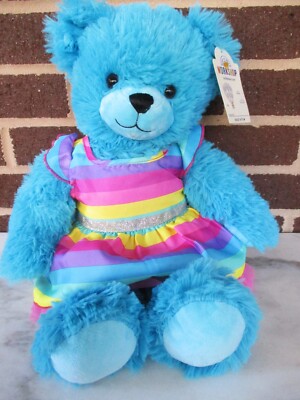 Build A Bear 16" Blue Fluffy Bear 2021 New- Rainbow Stripes Dress - Tags |  eBay