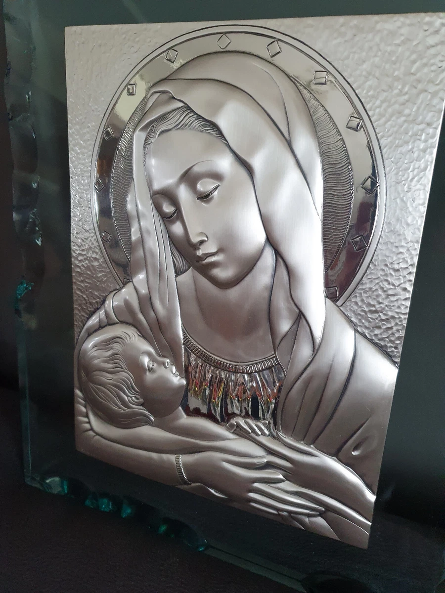 Wandbild Maria mit Jesuskind Silber auf massiver Glasplatte wunderschön