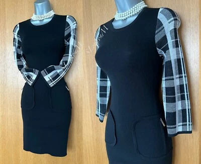 Karen Millen Km 1 Schwarz & Kariert Ärmel Wolle Strick Warm Modisch Jumperkleid - Bild 1 von 4