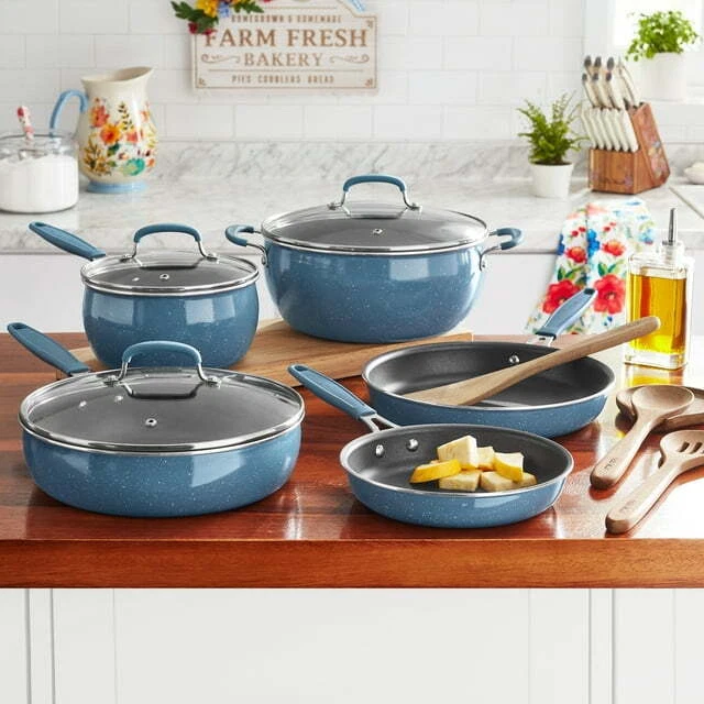 The Pioneer Woman Frontier Speckle 12-Piece Aluminum Cookware Set, Blue  Denim