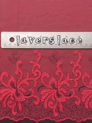 laverslace - tiefrote bestickte Tüll Spitzenborte extra breit 11''/27,5cm 