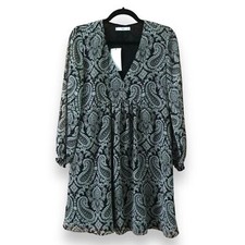 Mango MNG Casual Black Paisley V-Neck Pullover Mini Dress NWT Boho Retro Size 4