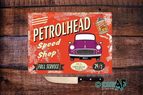 Personalised Morris Minor Lover -Petrolhead Moggy Glass Chopping Board Boyfriend - Picture 2 of 16