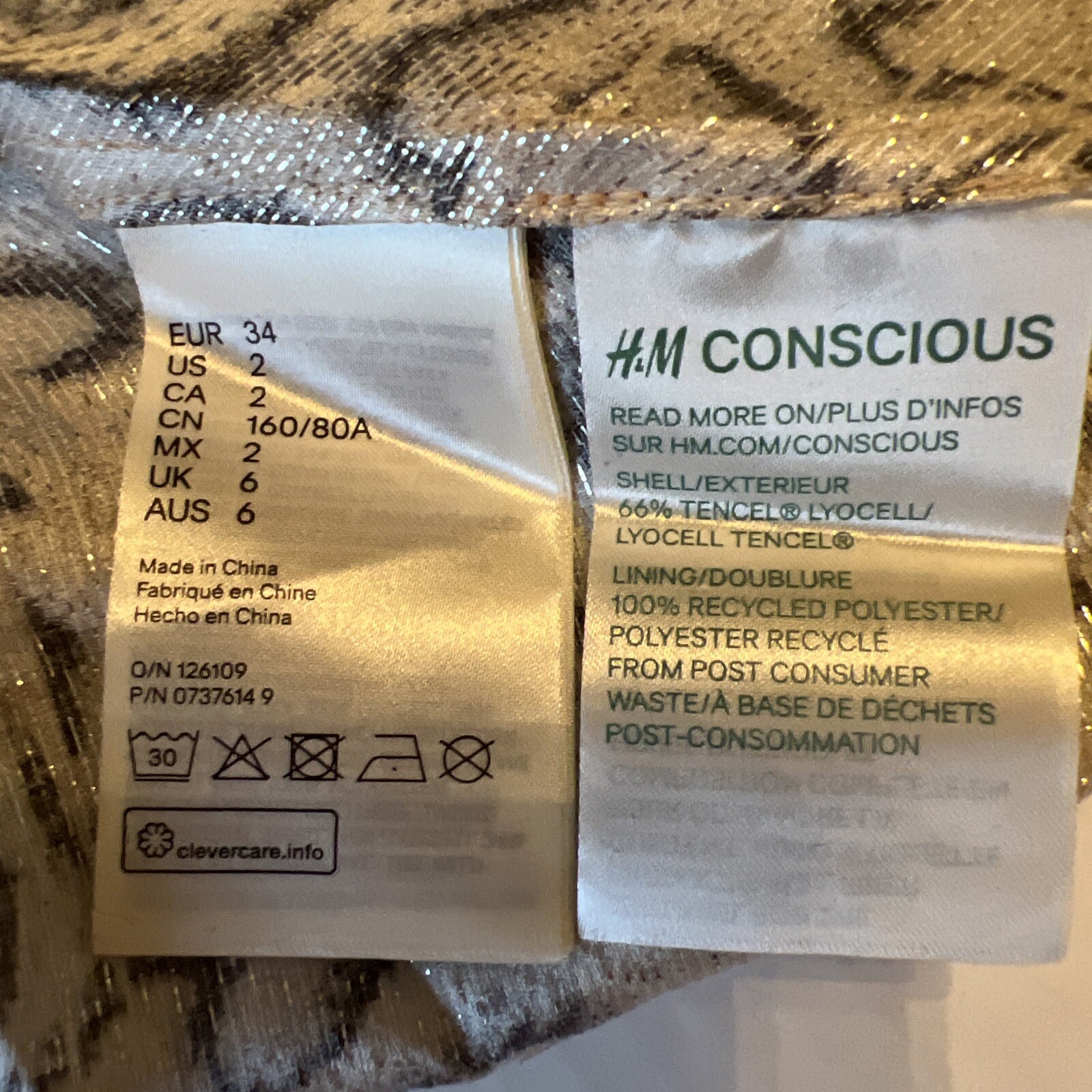 H&M Conscious 2 Midi Dress Light Beige Metallic Patterned Silk Blend Sleeveless  thumbnail 13