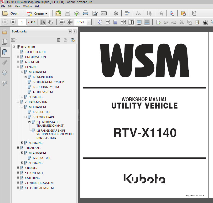 Kubota RTV-X1140 WSM Service & Owners Manual Custom 2 in 1