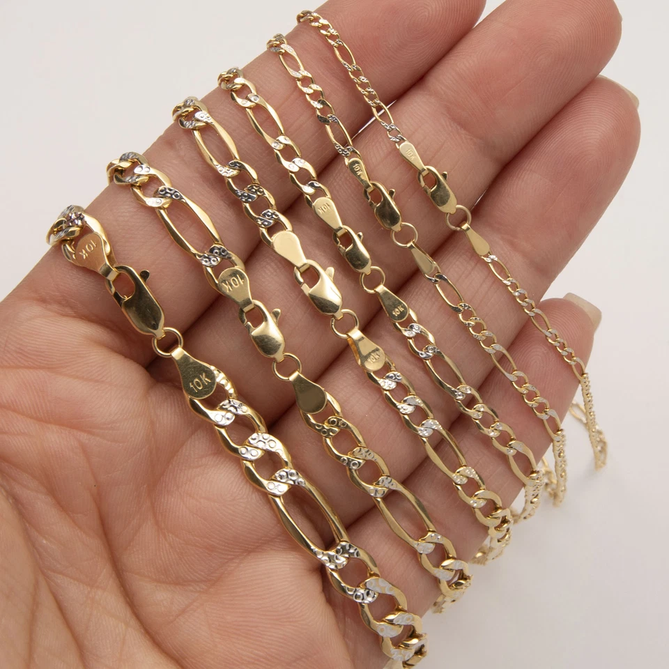 10K Yellow White Gold  Diamond-Cut Figaro Link Chain Anklet All Sizes - Image 2 of 4