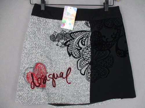 Desigual Skirt Womens 10 Grey Black NWT Mini Floral Embroidered Heart Suede A - Picture 10 of 17