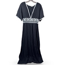 Boho Black Large L Maxi Dress White Lace Trim Geometric Embroidered Empire Waist