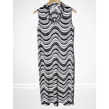 90s Y2k Rafael Womens Cowl Neck Midi Dress Bold Retro Wavy Print Black White M