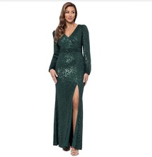Xscape Hunter Green Sequin V-Neck Long Sleeve Maxi Dress Side Slit 16