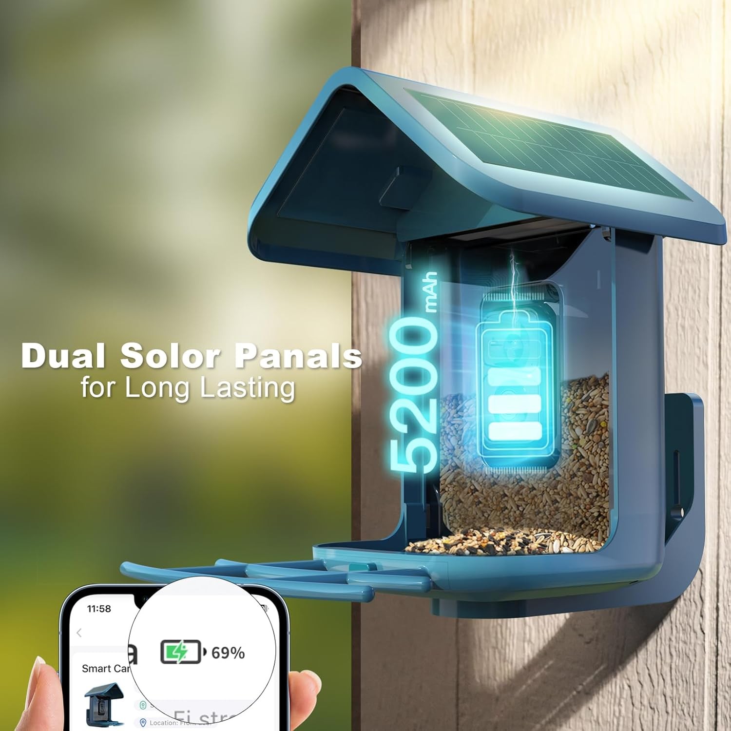 Bird Feeder with Camera Solar Powered : Smart 2K Live Blue 