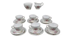Vintage Royal Tara White Tea Set Pink Floral Gold Trim 6 Cups 6 Saucers 