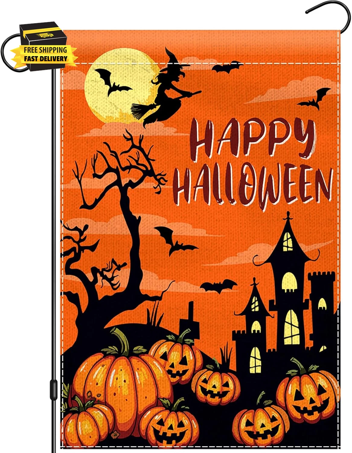 Halloween Garden Flag 12X18 Double Sided, Scary Witch Pumpkin Design Yard Sign f