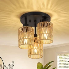 3-Light Rattan LED Ceiling Light Rustic Farmhouse Chandelier Flush Mount Fixture