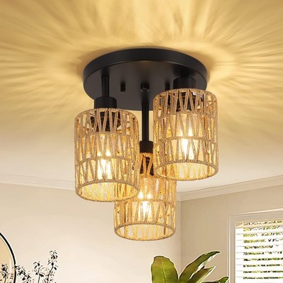 3-Light Rattan LED Ceiling Light Rustic Farmhouse Chandelier Flush Mount Fixture