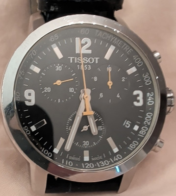 Tissot PRC 200 Quartz Chronograph Black Dial Leather Strap Watch 42mm