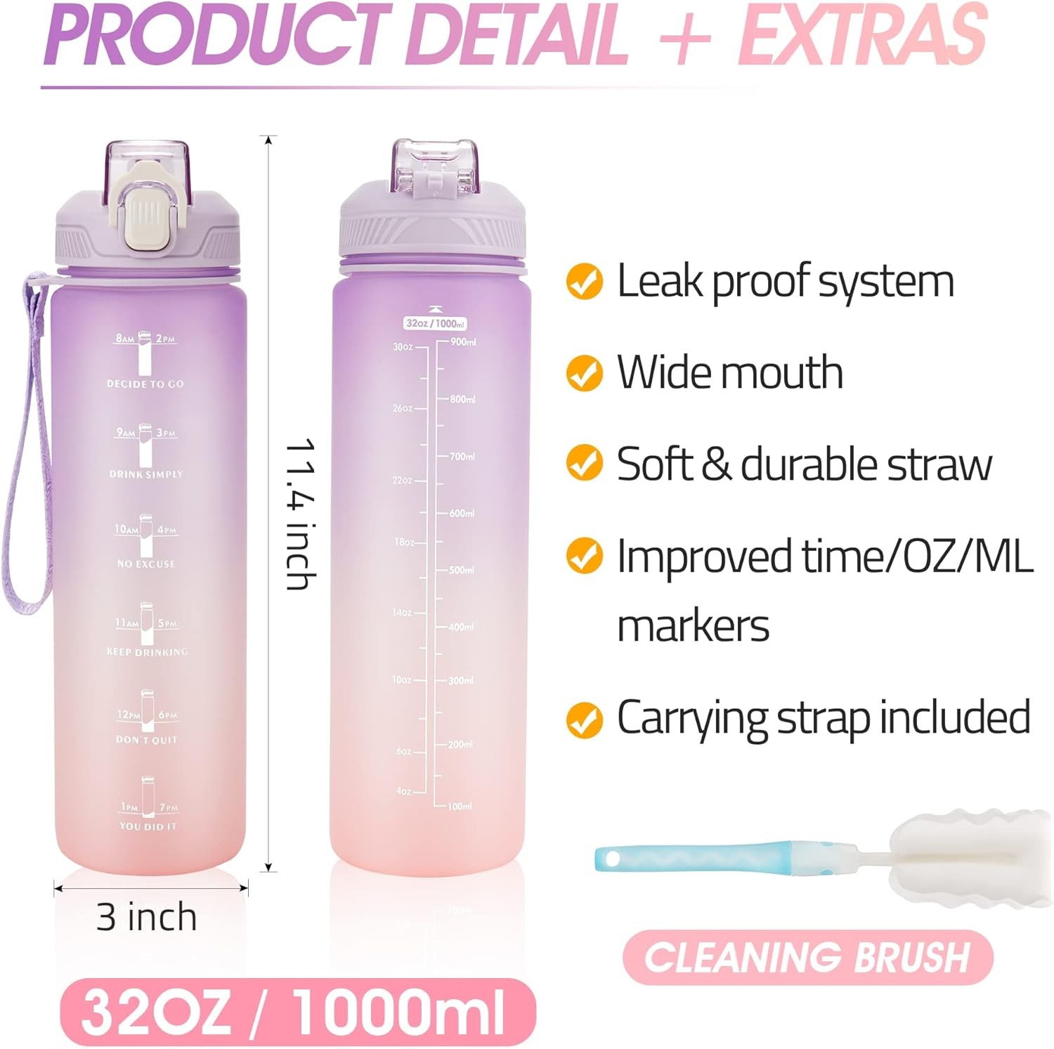 32oz Time Marker Leakproof Bpa Free Straw Gym