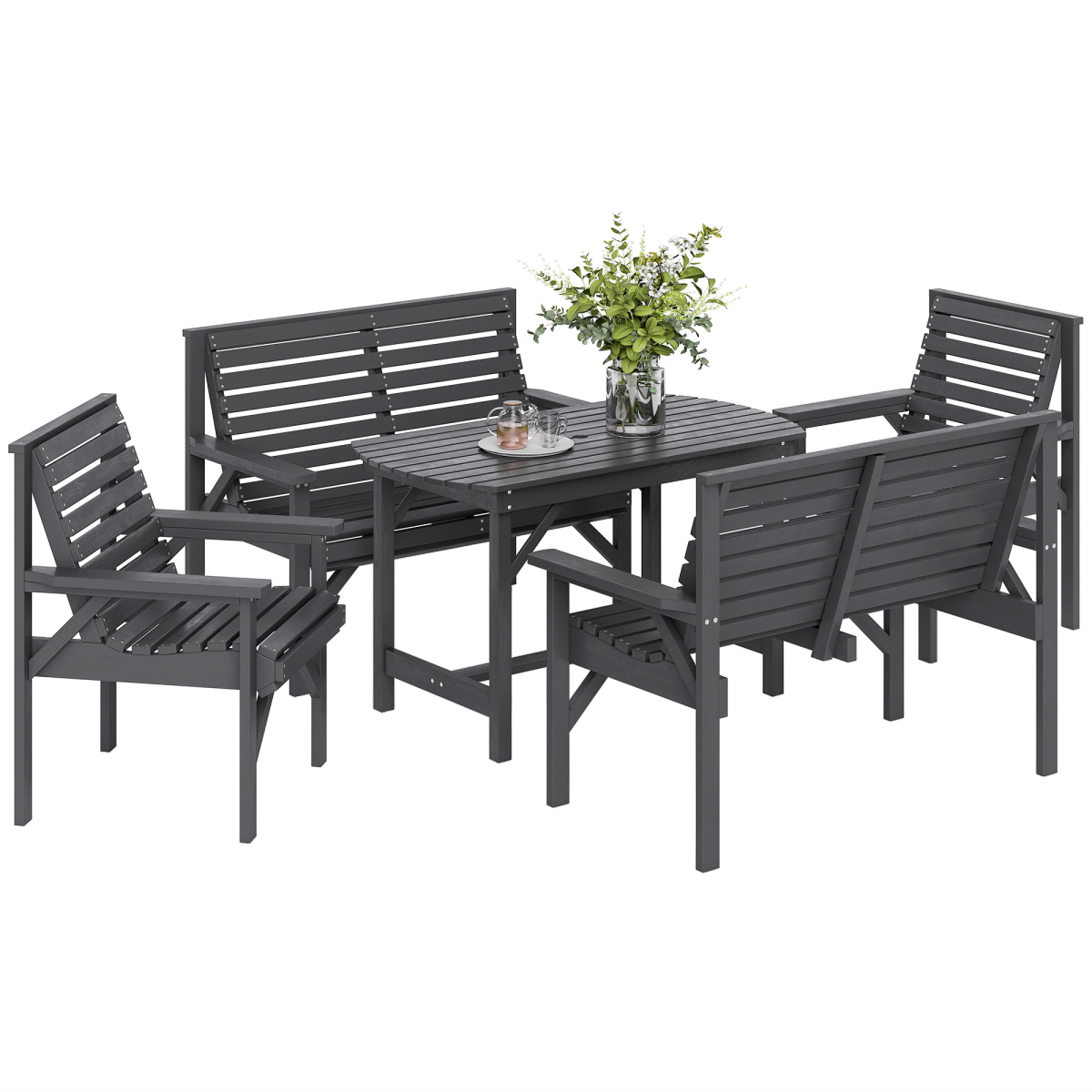 5PC Patio Dining Set Wooden Table and Chairs with Umbrella Hole Grey