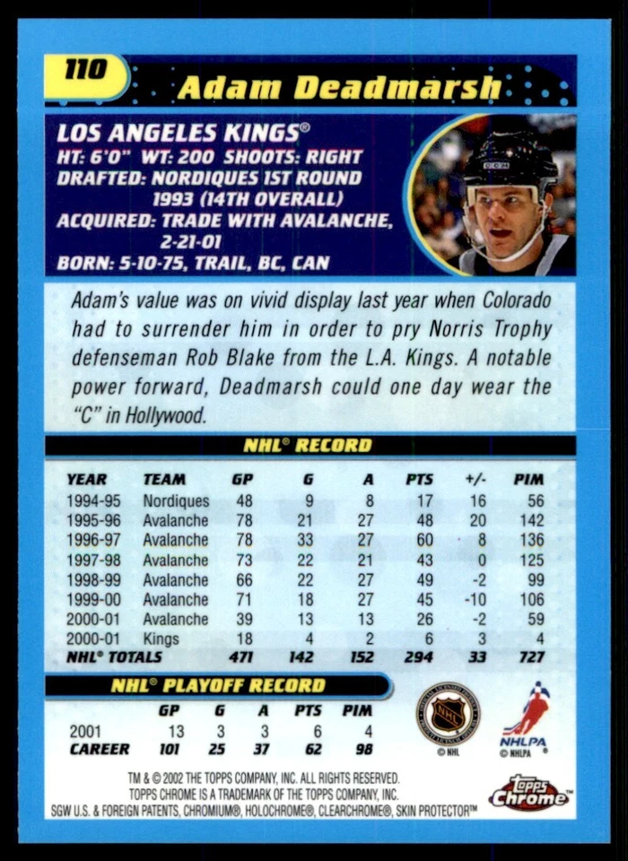 2001-02 Topps Chrome Adam Deadmarsh Los Angeles Kings/Philadelphia Flyers #110 - Image 2 of 2