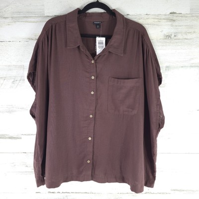 NWT $49 TORRID WOMEN'S SIZE 4X DUOFOLD BUTTON UP SHORT SLEEVE BROWN SHIRT PUCE..