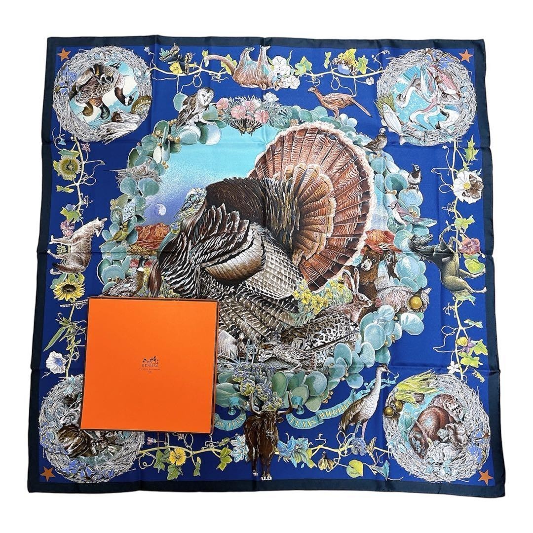 HERMES Carre 90 FAUNE ET FLORE DU TEXAS Silk Scarf Blue Multicolor Wildlife Rare