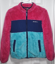 Eddie Bauer Jacket Youth Girls Sz L 14 Pink Blue Fleece Full Zip Fuzzy Sherpa