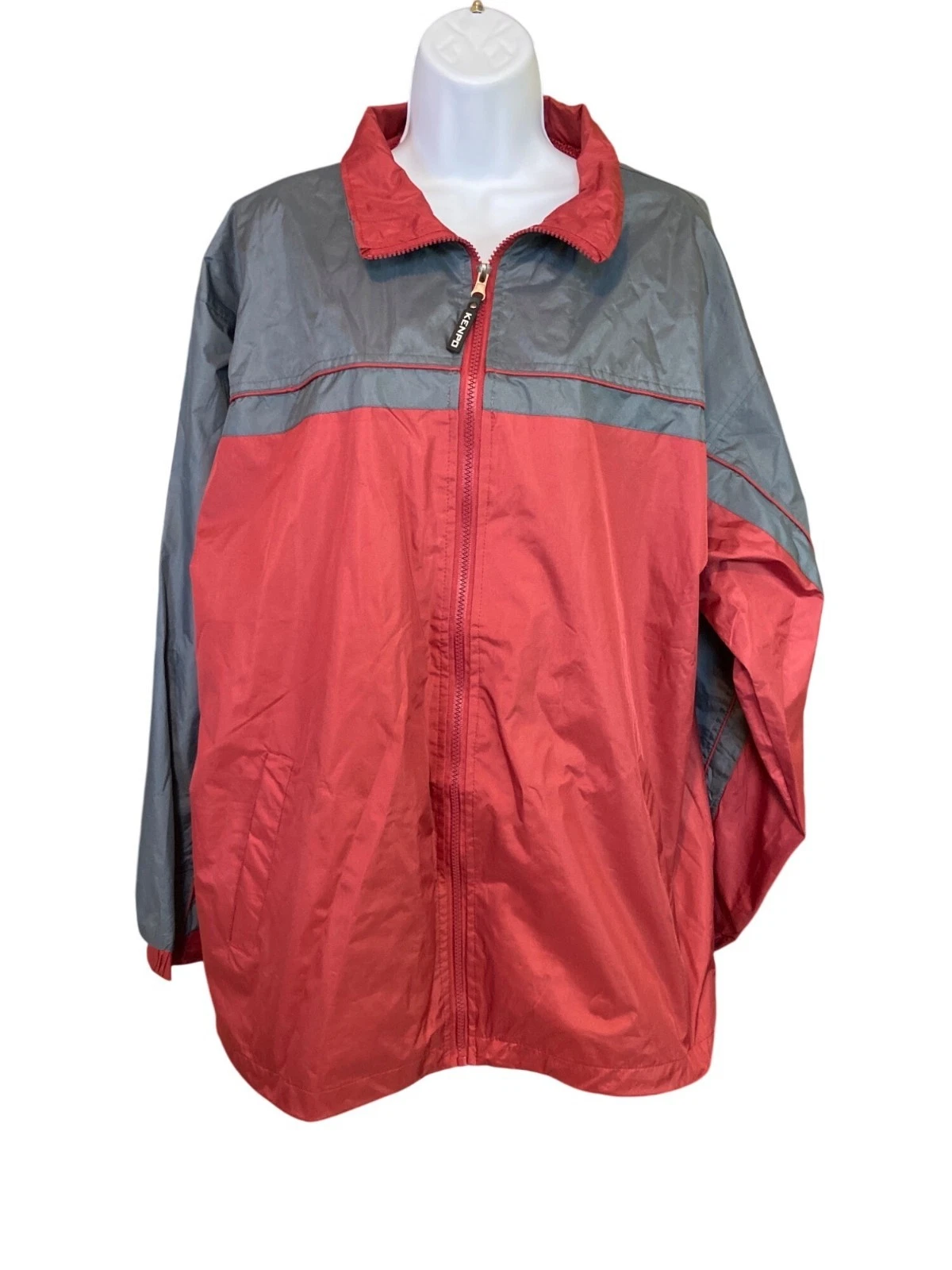 Kenpo Windbreaker Jacket L Red Gray Full Zip Lightweight Retro Y2K Streetwear
