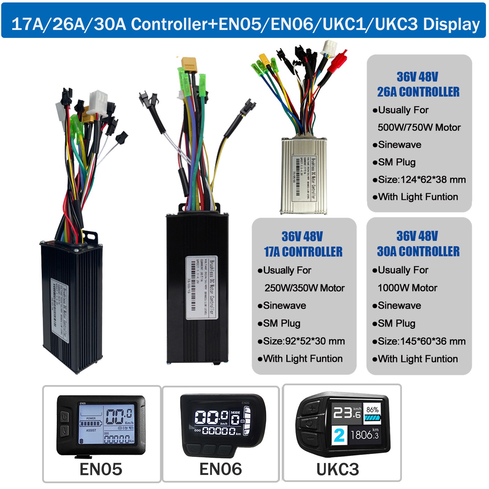 Controller onda sinusoidale E-Bike 36V/48V 17A/26A/30A con display per motore 250W-1000W