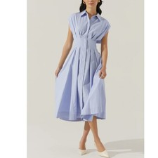 ASTR Beckett Blue Pleated Midi Dress Shoulder Pad Tapered Waist Size: L