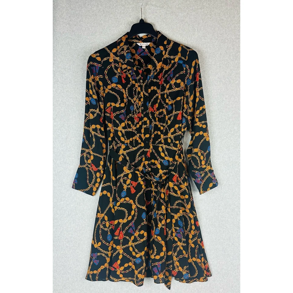 Vestido Nanette Lepore Mujer Talla 14 Negro Plisado Cadena Manga Larga Botón Delantero Foto 4 de 4