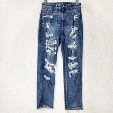 American Eagle Jeans Womens 4 Blue Mom Jean High Rise Distressed Raw Hem Denim