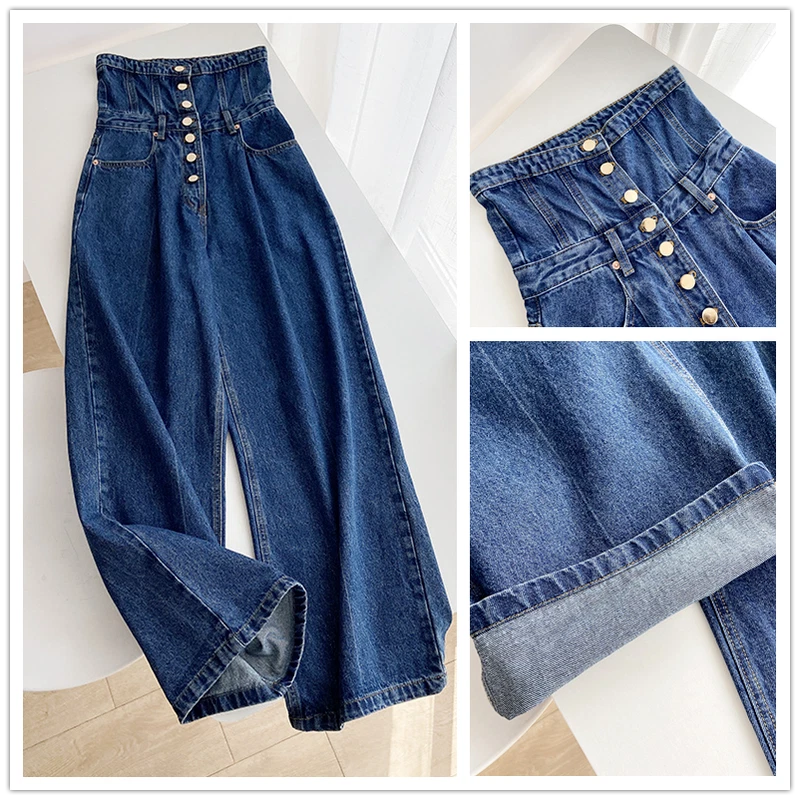 Women Denim Pants Wide Leg Trousers Jeans Retro Casual Extra High Waist