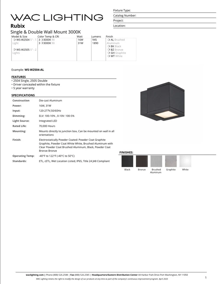 WAC WS-W2505-BZ 30W Rubix Arriba/Abajo LED Montaje en Pared, 3000K *caja abierta Foto 2 de 4