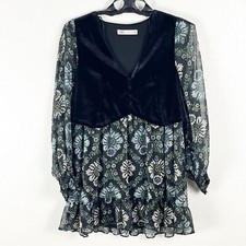 ZARA Black Floral Sheer Long Cuff Sleeves Velvet Velour Ruffle Trim Dress Small