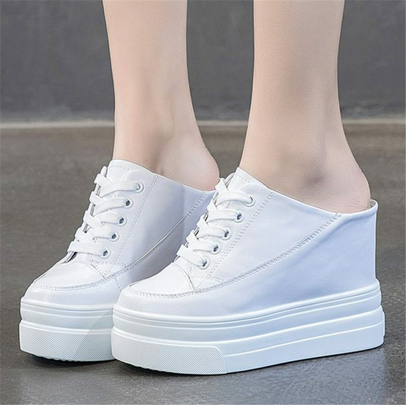 Women White Cow Leather Platform Wedge High Heel Fashion Sneakers