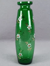 Antique Bohemian Hand Enameled White & Gold Scattered Flowers Green Glass Vase