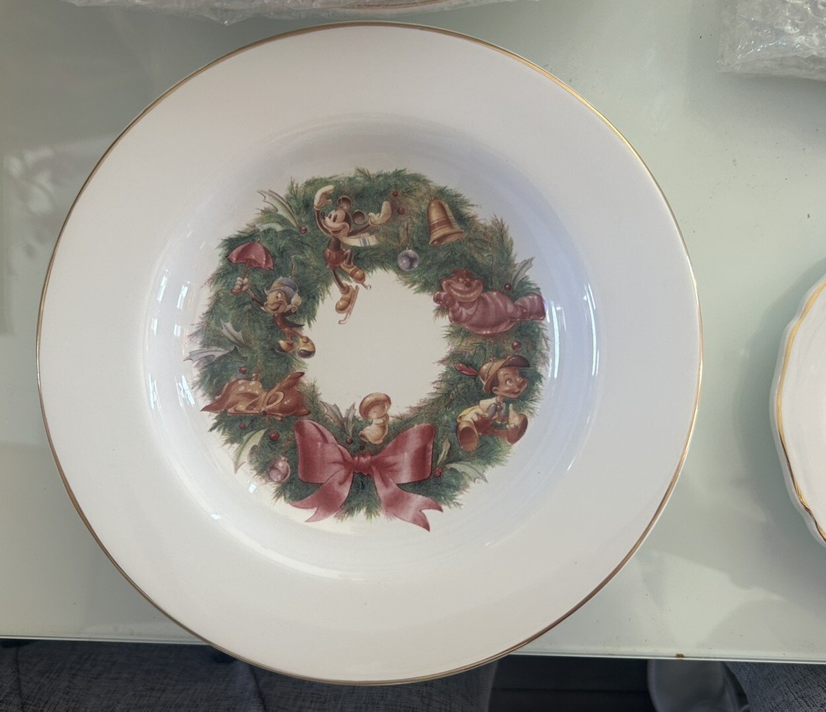 Disney Christmas China Plate Set Disney Characters w/Gold