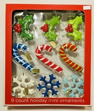 9 Christmas Small Tree Ornaments Holly Candy Cane Snowflake NEW Holiday Hanging