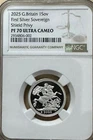 2025 UK 1SOV FIRST SILVER SOVEREIGN w/ SHIELD PRIVY Mark BOX COA NGC PF70