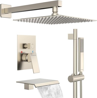 EMBATHER Slide Bar Shower System with Waterfall Tub Spout, 12 Inch Bathtub Showe