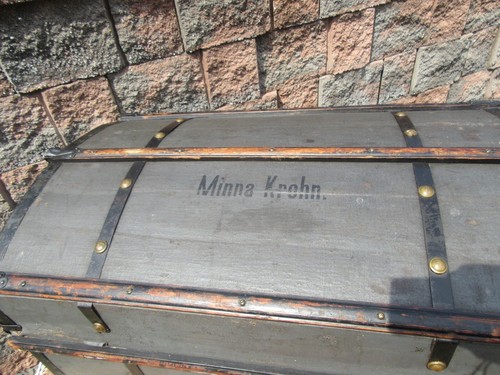 Antique Wood Curved Top Travel Steamer Trunk Chest St. Petersburg Russia Labels - Picture 10 of 24