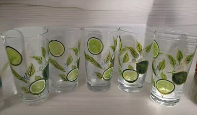 Pier One 20 Oz Tumblers (5) Handpainted Limes Slices Leaves & Blossom 80's Heavy