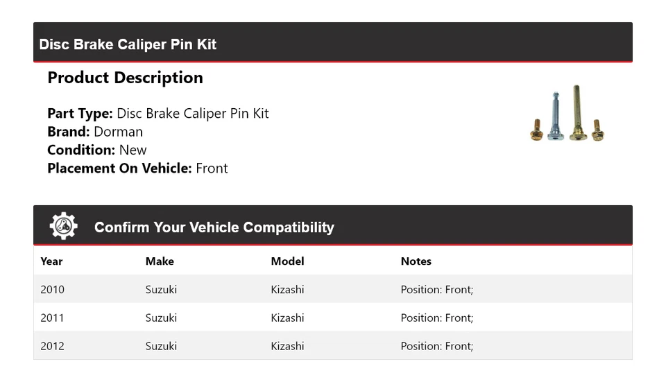 For 2010-2012 Suzuki Kizashi Dorman Disc Brake Caliper Pin Kit Front 2011 - Image 2 of 4