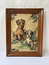Vintage 1960s Curtains Dog Fabric 3D Framed Artwork Wooden Frame 12.5" x 16.5"