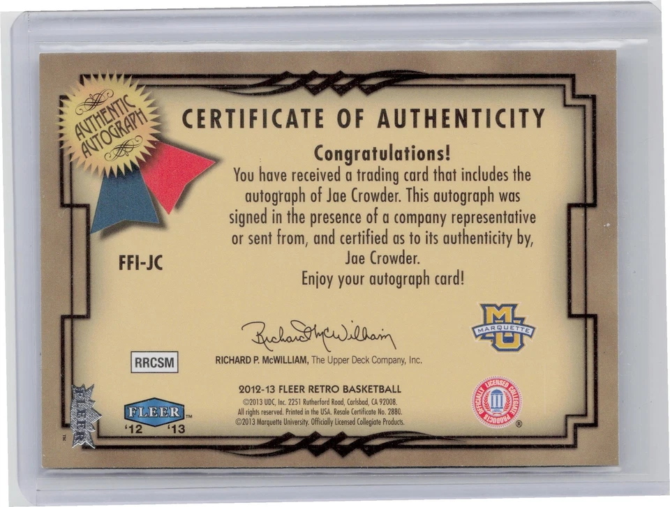 2012-13 Fleer Retro Jae Crowder AU #FFI-JC Eagles 99 00 Focus Fresh Ink - Image 2 of 2