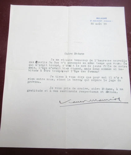FRANCOIS MAURIAC Autograph Signed 1938 NOBEL PRIZE ACADEMY in CHARASSON