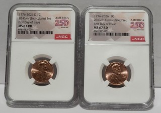 IN STOCK 2 Coin set 1776 2026 P & D Lincoln Cent NGC MS67 RD FDOI 250 Flag Label