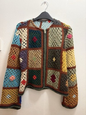 Vintage gehäkelte Granny Square Patchwork Strickjacke mehrfarbig Reißverschluss - UK 10-12