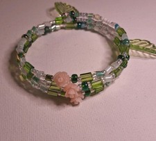 Wrap Bracelet  With Green Beads And Pink Flowers Green Leaves Fairy JEWLRY
